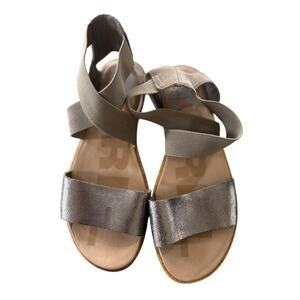 Sorel Taupe Suede & Metallic Grey Leather Elastic Slip On Gladiator Sandal